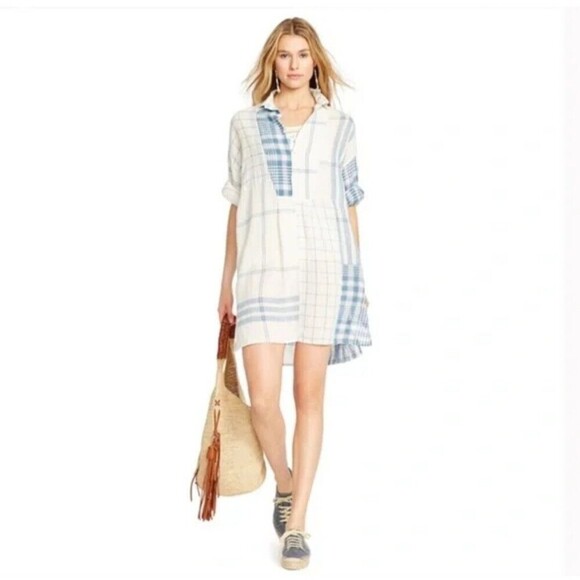 Polo Ralph Lauren Linen Dress Womens Sz S White Plaid Patchwork Cottage Core U3 - Picture 1 of 12